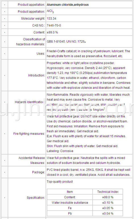 Aluminium Chloride Anhydrous Specification